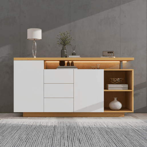 Aparador multifuncional 140 cm - 2 portas, 3 gavetas, 2 compartimentos abertos, com iluminação LED - branco e madeira