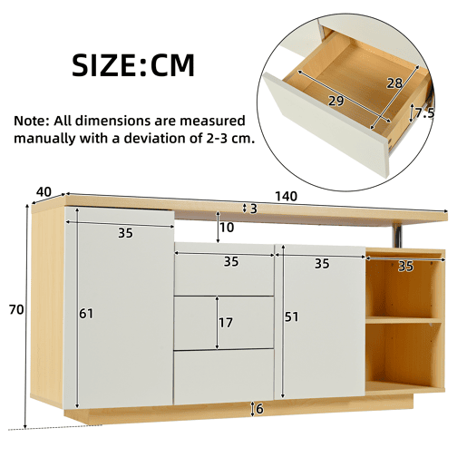 Aparador multifuncional 140 cm - 2 portas, 3 gavetas, 2 compartimentos abertos, com iluminação LED - branco e madeira