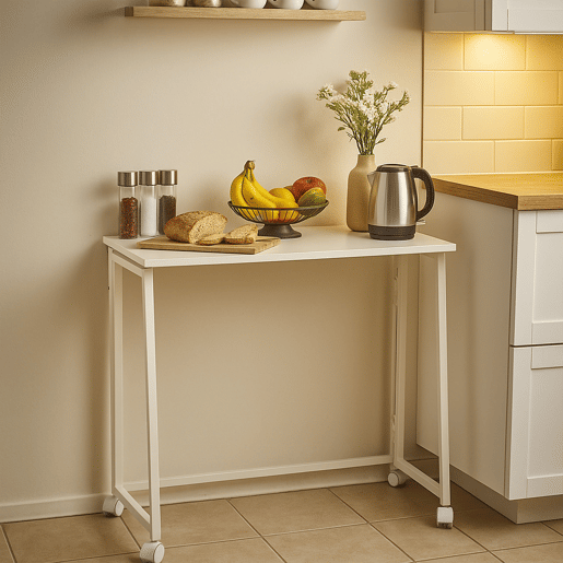 MEUBLES COSY Mesa Dobrável De Escrivaninha Portátil Com Rodas Estrutura De Aço E Tampo De Melamina Na Cor Branca 80x40x74 Cm Ideal Para Casa Escritório Estudo Computador Compacta E Fácil De Guardar