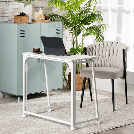 MEUBLES COSY Mesa Dobrável De Escrivaninha Portátil Com Rodas Estrutura De Aço E Tampo De Melamina Na Cor Branca 80x40x74 Cm Ideal Para Casa Escritório Estudo Computador Compacta E Fácil De Guardar