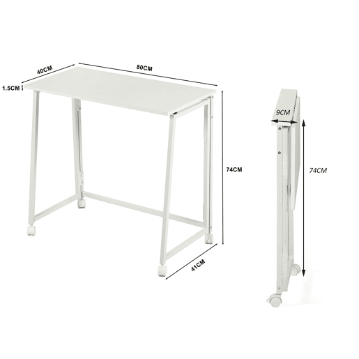 MEUBLES COSY Mesa Dobrável De Escrivaninha Portátil Com Rodas Estrutura De Aço E Tampo De Melamina Na Cor Branca 80x40x74 Cm Ideal Para Casa Escritório Estudo Computador Compacta E Fácil De Guardar