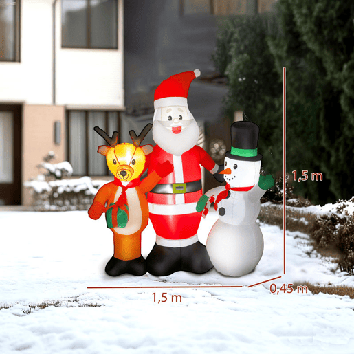 Outsunny Pai Natal Insuflável 150 cm com Rena e Boneco de Neve Decoração de Natal Insuflável com Luzes LED Inflador Elétrico para Exterior Jardim Relvado 150x45x150 cm Multicor