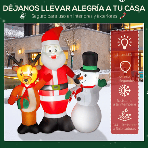 Outsunny Pai Natal Insuflável 150 cm com Rena e Boneco de Neve Decoração de Natal Insuflável com Luzes LED Inflador Elétrico para Exterior Jardim Relvado 150x45x150 cm Multicor