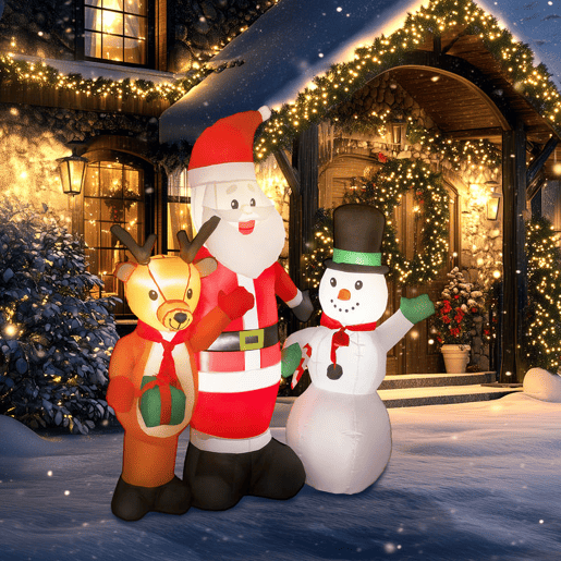 Outsunny Pai Natal Insuflável 150 cm com Rena e Boneco de Neve Decoração de Natal Insuflável com Luzes LED Inflador Elétrico para Exterior Jardim Relvado 150x45x150 cm Multicor