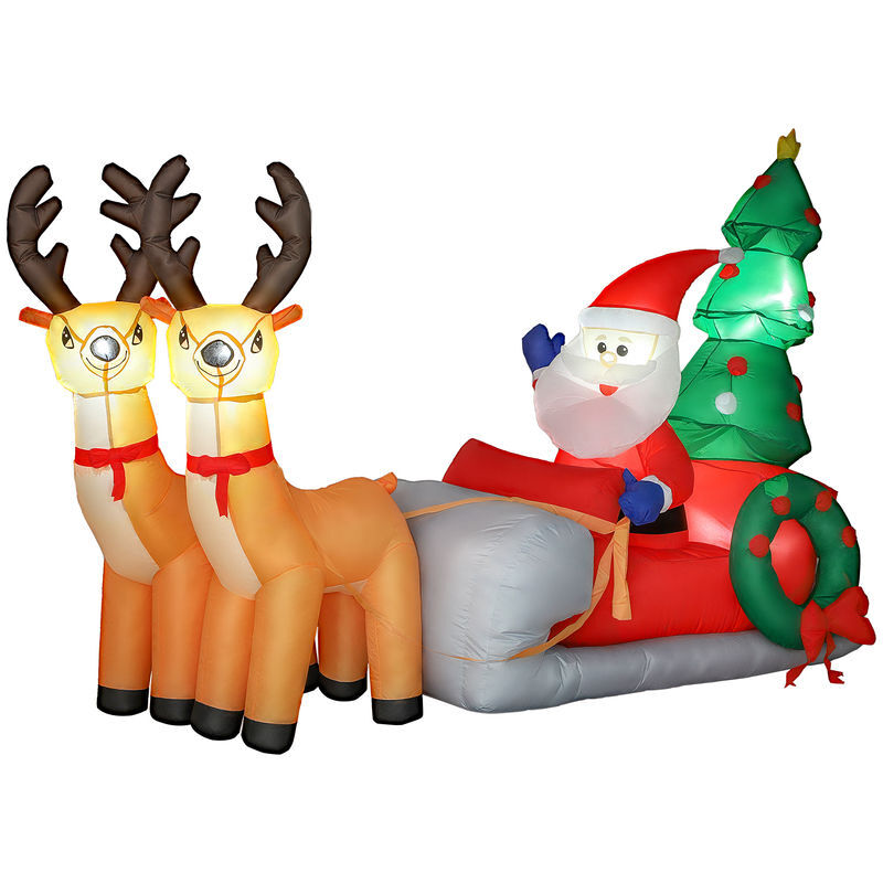 Outsunny papá noel hinchable con trineo, renos y árbol, inflables de navidad con luces led, decoración de navidad para exterior e interior, 216x90x150 cm