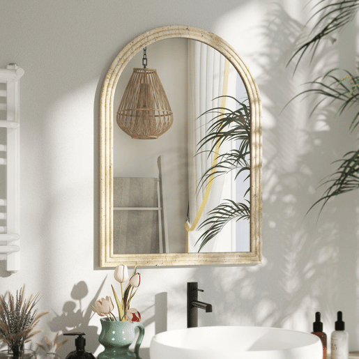 HOMCOM Espelho de Parede Arqueado Espelho de Casa de Banho 50x70 cm com Moldura de Imitação de Pedra Estilo Moderno para Sala Quarto Entrada e Corredor Bege