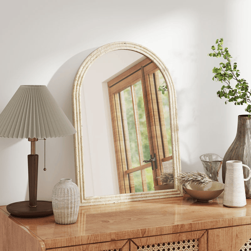 HOMCOM Espelho de Parede Arqueado Espelho de Casa de Banho 50x70 cm com Moldura de Imitação de Pedra Estilo Moderno para Sala Quarto Entrada e Corredor Bege