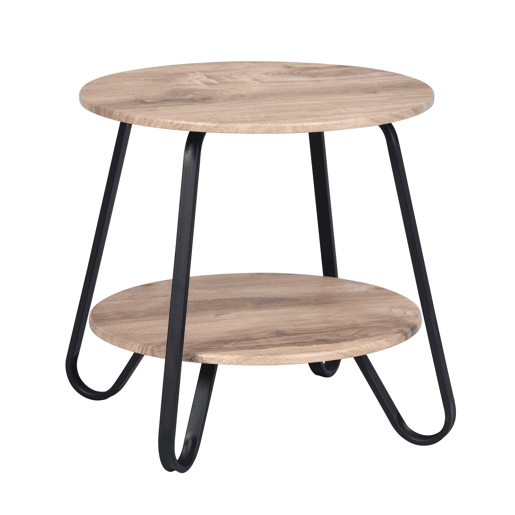 Mesa De Apoio Redonda Com Dois Níveis De Madeira E Estrutura Em Metal Preto Estilo Industrial Moderna Ideal Para Sala Quarto Ou Escritório Robusta E Funcional Dimensões 46x45x40.5 Cm