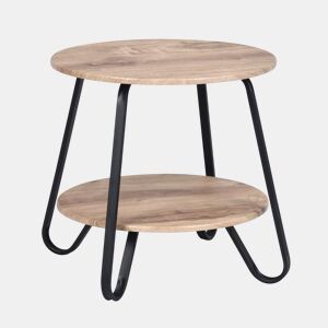 Mesa De Apoio Redonda Com Dois Níveis De Madeira E Estrutura Em Metal Preto Estilo Industrial Moderna Ideal Para Sala Quarto Ou Escritório Robusta E Funcional Dimensões 46x45x40.5 Cm