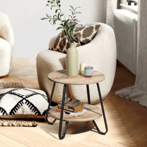 Mesa De Apoio Redonda Com Dois Níveis De Madeira E Estrutura Em Metal Preto Estilo Industrial Moderna Ideal Para Sala Quarto Ou Escritório Robusta E Funcional Dimensões 46x45x40.5 Cm