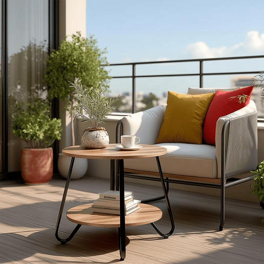 Mesa De Apoio Redonda Com Dois Níveis De Madeira E Estrutura Em Metal Preto Estilo Industrial Moderna Ideal Para Sala Quarto Ou Escritório Robusta E Funcional Dimensões 46x45x40.5 Cm