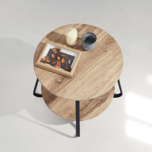 Mesa De Apoio Redonda Com Dois Níveis De Madeira E Estrutura Em Metal Preto Estilo Industrial Moderna Ideal Para Sala Quarto Ou Escritório Robusta E Funcional Dimensões 46x45x40.5 Cm