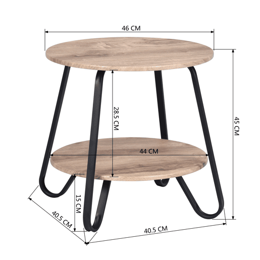 Mesa De Apoio Redonda Com Dois Níveis De Madeira E Estrutura Em Metal Preto Estilo Industrial Moderna Ideal Para Sala Quarto Ou Escritório Robusta E Funcional Dimensões 46x45x40.5 Cm