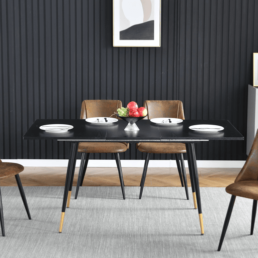 Mesa De Jantar Extensível Retangular Em Madeira Cor Preta Com Pés Metálicos Pretos E Detalhes Dourados, Estilo Moderno E Sofisticado Para 4 A 6 Pessoas, Perfeita Para Sala De Jantar Ou Cozinha