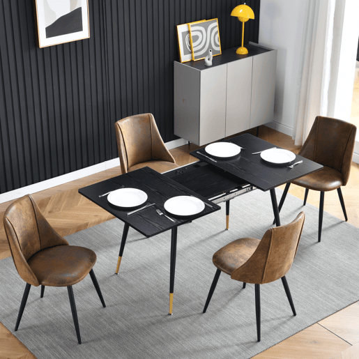 Mesa De Jantar Extensível Retangular Em Madeira Cor Preta Com Pés Metálicos Pretos E Detalhes Dourados, Estilo Moderno E Sofisticado Para 4 A 6 Pessoas, Perfeita Para Sala De Jantar Ou Cozinha