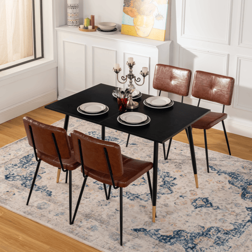 Mesa De Jantar Extensível Retangular Em Madeira Cor Preta Com Pés Metálicos Pretos E Detalhes Dourados, Estilo Moderno E Sofisticado Para 4 A 6 Pessoas, Perfeita Para Sala De Jantar Ou Cozinha