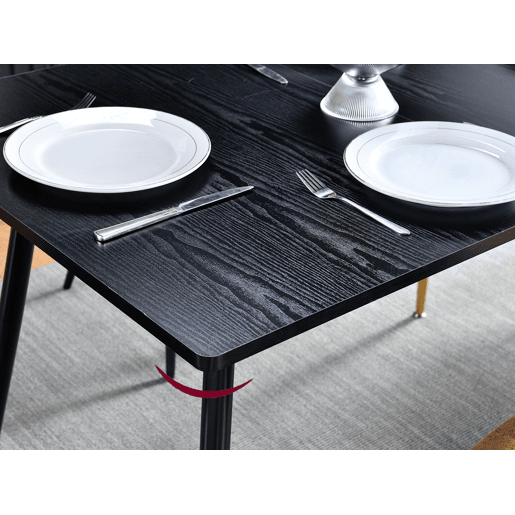 Mesa De Jantar Extensível Retangular Em Madeira Cor Preta Com Pés Metálicos Pretos E Detalhes Dourados, Estilo Moderno E Sofisticado Para 4 A 6 Pessoas, Perfeita Para Sala De Jantar Ou Cozinha