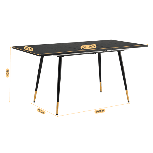 Mesa De Jantar Extensível Retangular Em Madeira Cor Preta Com Pés Metálicos Pretos E Detalhes Dourados, Estilo Moderno E Sofisticado Para 4 A 6 Pessoas, Perfeita Para Sala De Jantar Ou Cozinha