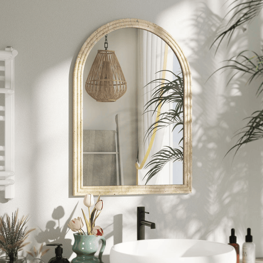 HOMCOM Espelho de Parede Arqueado Espelho de Casa de Banho 60x90 cm com Moldura de Imitação de Pedra Estilo Moderno para Sala Quarto Entrada e Corredor Bege
