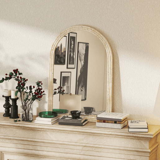 HOMCOM Espelho de Parede Arqueado Espelho de Casa de Banho 60x90 cm com Moldura de Imitação de Pedra Estilo Moderno para Sala Quarto Entrada e Corredor Bege