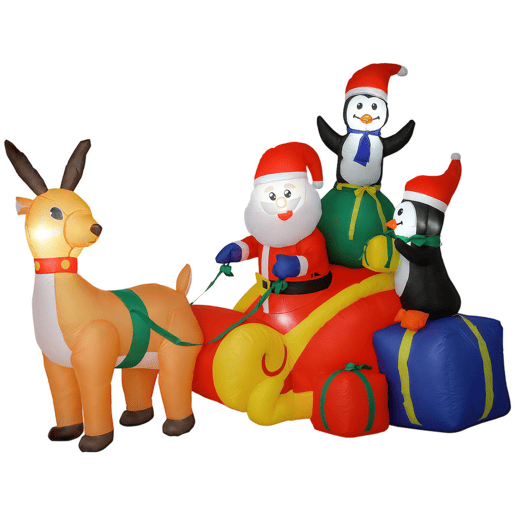 Outsunny Pai Natal Insuflável com Trenó Pinguins e Renas Insufláveis de Natal com Luzes LED Decoração de Natal para Exterior e Interior 180x120x155 cm Multicor