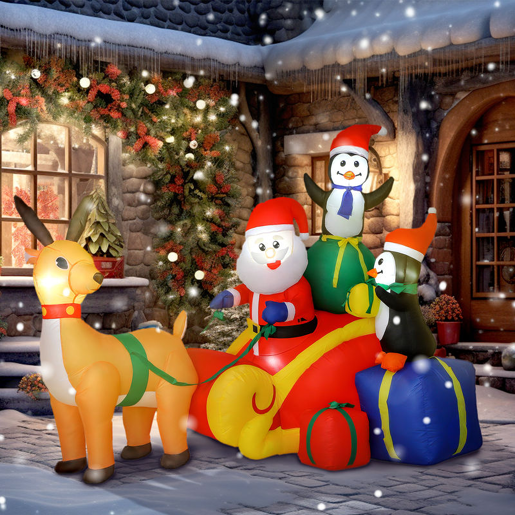 Outsunny Pai Natal Insuflável com Trenó Pinguins e Renas Insufláveis de Natal com Luzes LED Decoração de Natal para Exterior e Interior 180x120x155 cm Multicor