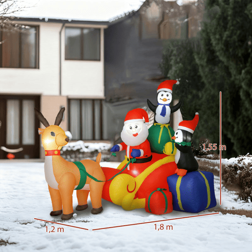 Outsunny Pai Natal Insuflável com Trenó Pinguins e Renas Insufláveis de Natal com Luzes LED Decoração de Natal para Exterior e Interior 180x120x155 cm Multicor