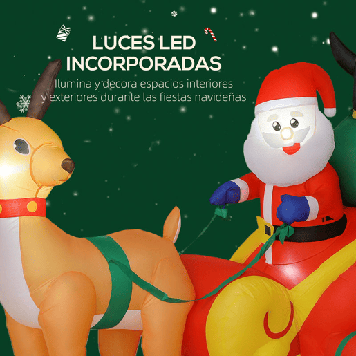 Outsunny Pai Natal Insuflável com Trenó Pinguins e Renas Insufláveis de Natal com Luzes LED Decoração de Natal para Exterior e Interior 180x120x155 cm Multicor