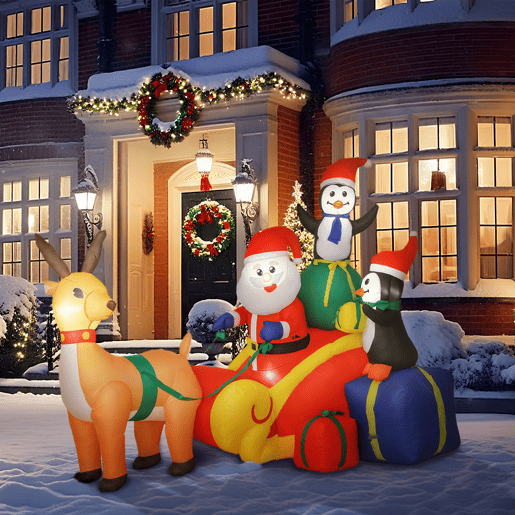 Outsunny Pai Natal Insuflável com Trenó Pinguins e Renas Insufláveis de Natal com Luzes LED Decoração de Natal para Exterior e Interior 180x120x155 cm Multicor