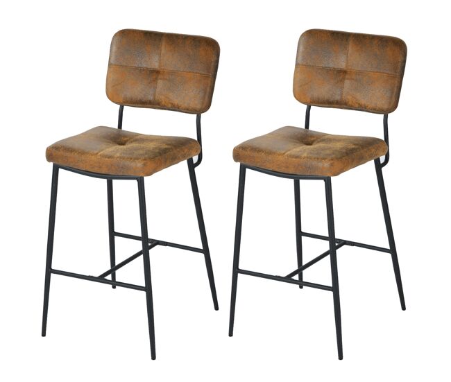 Pack de 2 taburetes altos de bar con respaldo tapizados en polipiel efecto piel marrón con patas de metal negro estilo industrial para cocina barra y
