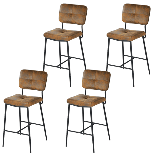 Conjunto 4 Cadeiras De Bar Altas Com Encosto Acolchoado Em Polipele Castanha Vintage E Estrutura Metálica Preta, Design Industrial Moderno Ideal Para Cozinha, Ilha Ou Balcão, Taburetes Confortáveis E Elegantes Para O Seu Espaço