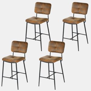 Conjunto 4 Cadeiras De Bar Altas Com Encosto Acolchoado Em Polipele Castanha Vintage E Estrutura Metálica Preta, Design Industrial Moderno Ideal Para Cozinha, Ilha Ou Balcão, Taburetes Confortáveis E Elegantes Para O Seu Espaço
