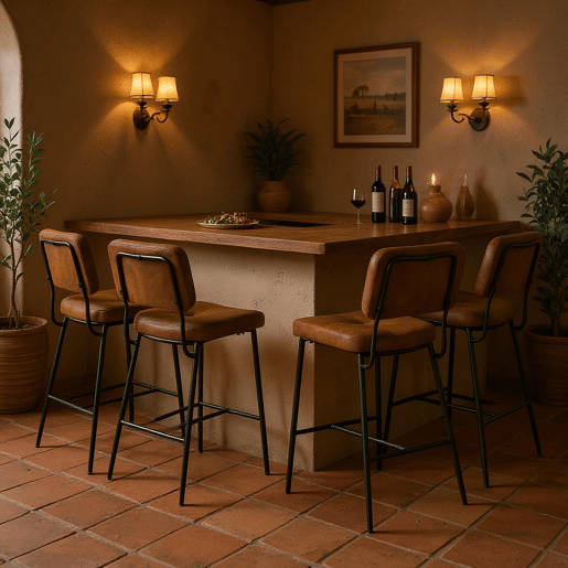 Conjunto 4 Cadeiras De Bar Altas Com Encosto Acolchoado Em Polipele Castanha Vintage E Estrutura Metálica Preta, Design Industrial Moderno Ideal Para Cozinha, Ilha Ou Balcão, Taburetes Confortáveis E Elegantes Para O Seu Espaço