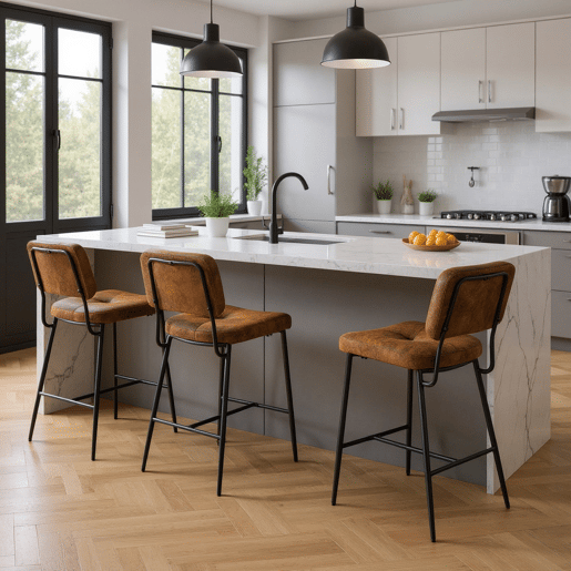 Conjunto 4 Cadeiras De Bar Altas Com Encosto Acolchoado Em Polipele Castanha Vintage E Estrutura Metálica Preta, Design Industrial Moderno Ideal Para Cozinha, Ilha Ou Balcão, Taburetes Confortáveis E Elegantes Para O Seu Espaço