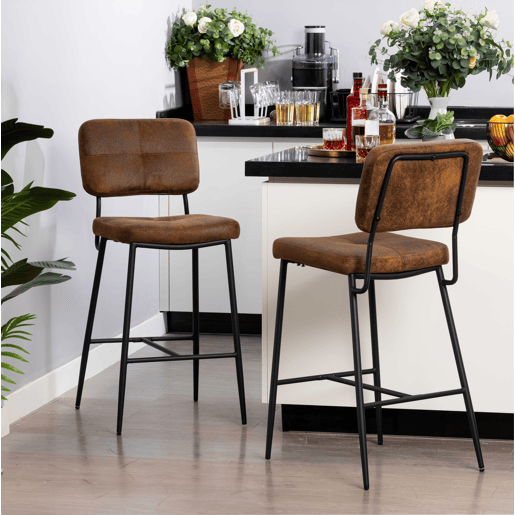 Conjunto 4 Cadeiras De Bar Altas Com Encosto Acolchoado Em Polipele Castanha Vintage E Estrutura Metálica Preta, Design Industrial Moderno Ideal Para Cozinha, Ilha Ou Balcão, Taburetes Confortáveis E Elegantes Para O Seu Espaço