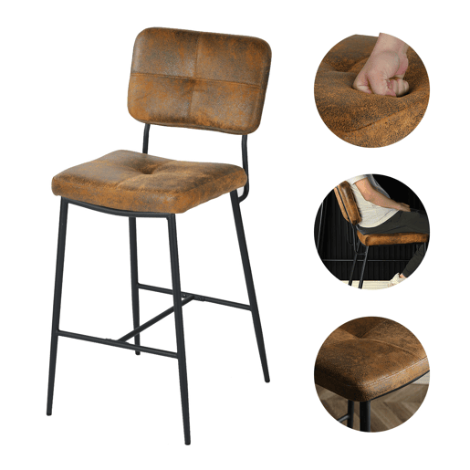 Conjunto 4 Cadeiras De Bar Altas Com Encosto Acolchoado Em Polipele Castanha Vintage E Estrutura Metálica Preta, Design Industrial Moderno Ideal Para Cozinha, Ilha Ou Balcão, Taburetes Confortáveis E Elegantes Para O Seu Espaço