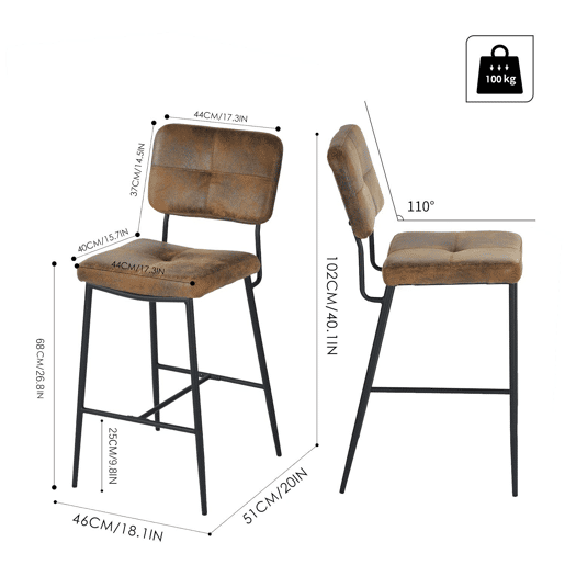 Conjunto 4 Cadeiras De Bar Altas Com Encosto Acolchoado Em Polipele Castanha Vintage E Estrutura Metálica Preta, Design Industrial Moderno Ideal Para Cozinha, Ilha Ou Balcão, Taburetes Confortáveis E Elegantes Para O Seu Espaço