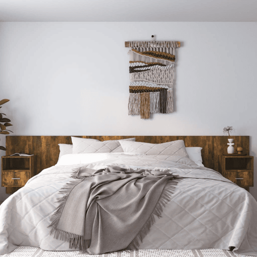 Cabeceira - Cabeceira de cama cama + armários madeira processada carvalho fumado Cabeceira - Cabeceira de cama cama + armários madeira processada carvalho fumado
