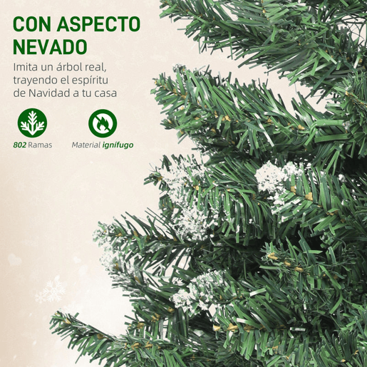 HOMCOM Árvore de Natal 180 cm Árvore Natalícia de Abeto com Luzes LED 9 Modos de Iluminação 802 Ramos com Neve Artificial Suporte Metálico Fácil de Montar Verde