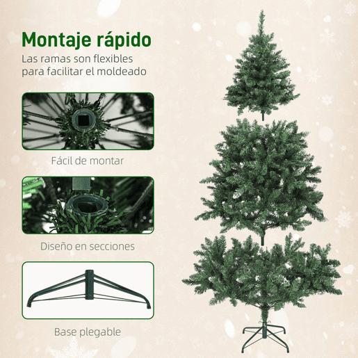 HOMCOM Árvore de Natal 180 cm Árvore Natalícia de Abeto com Luzes LED 9 Modos de Iluminação 802 Ramos com Neve Artificial Suporte Metálico Fácil de Montar Verde