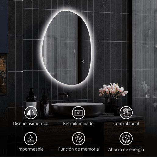 HOMCOM Espelho de Casa de Banho LED 70x50 cm Espelho de Parede sem Moldura 3 Cores de Luz Brilho Regulável Função Anti-Embaciamento Função Memória, Interruptor Táctil IP44 Prata
