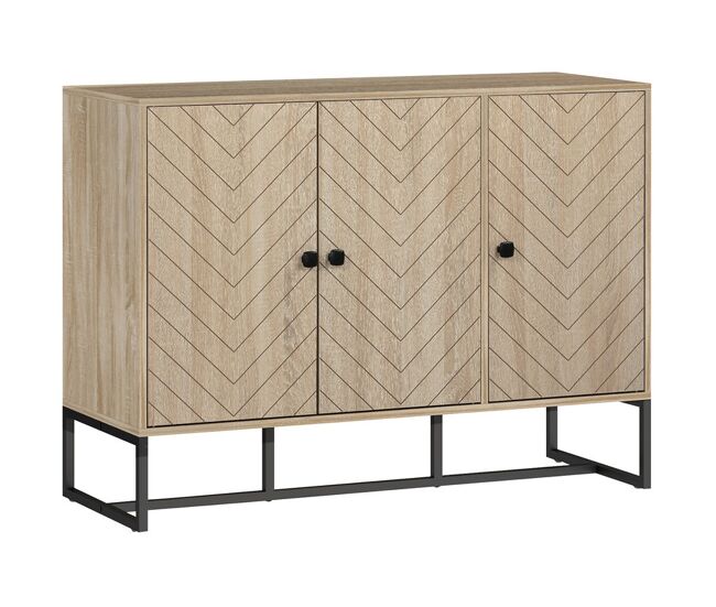 Homcom aparador de 3 puertas con diseño chevron, aparador de salón con estantes ajustables, patas de metal, para cocina, entrada, dormitorio, roble, 108x40x80 cm