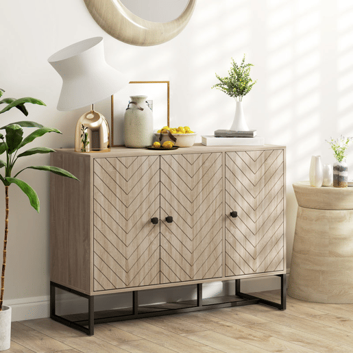 HOMCOM Aparador de 3 Portas com Desenho Zig-Zag Aparador de Sala de Estar com Prateleiras Ajustáveis Pés de Aço para Cozinha Entrada Quarto 108x40x80 cm Madeira
