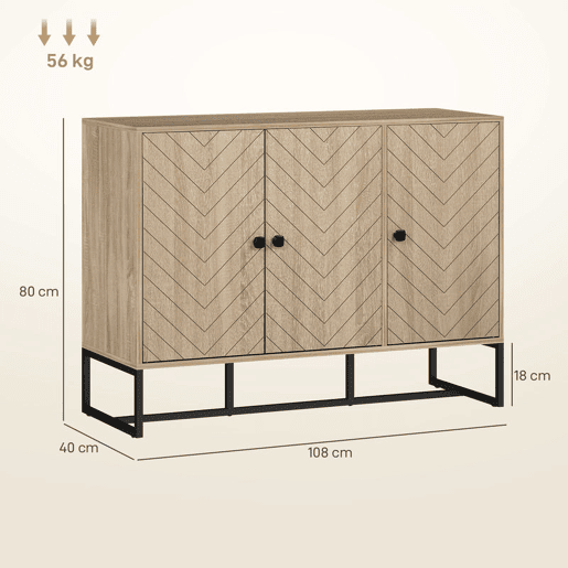HOMCOM Aparador de 3 Portas com Desenho Zig-Zag Aparador de Sala de Estar com Prateleiras Ajustáveis Pés de Aço para Cozinha Entrada Quarto 108x40x80 cm Madeira