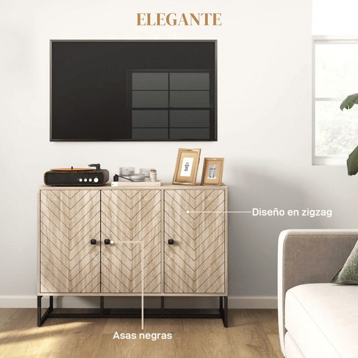 HOMCOM Aparador de 3 Portas com Desenho Zig-Zag Aparador de Sala de Estar com Prateleiras Ajustáveis Pés de Aço para Cozinha Entrada Quarto 108x40x80 cm Madeira