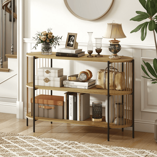 HOMCOM Mesa Consola com Corda de Papel Trançada à Mão Consola de Entrada de 3 Níveis com Estrutura de Aço Estilo Boémio para Entrada Sala de Estar 124x43,5x80 cm Madeira