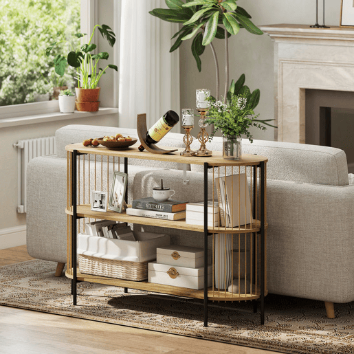 HOMCOM Mesa Consola com Corda de Papel Trançada à Mão Consola de Entrada de 3 Níveis com Estrutura de Aço Estilo Boémio para Entrada Sala de Estar 124x43,5x80 cm Madeira