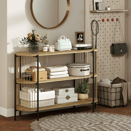 HOMCOM Mesa Consola com Corda de Papel Trançada à Mão Consola de Entrada de 3 Níveis com Estrutura de Aço Estilo Boémio para Entrada Sala de Estar 124x43,5x80 cm Madeira