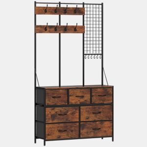 HOMCOM Suporte para Cabides Entrada Móvel de Arrumação com Sapateira 14 Ganchos 7 Gavetas de Tecido e Prateleira Estilo Industrial para Corredor Quarto Sala 100x30x183 cm Castanho Rústico