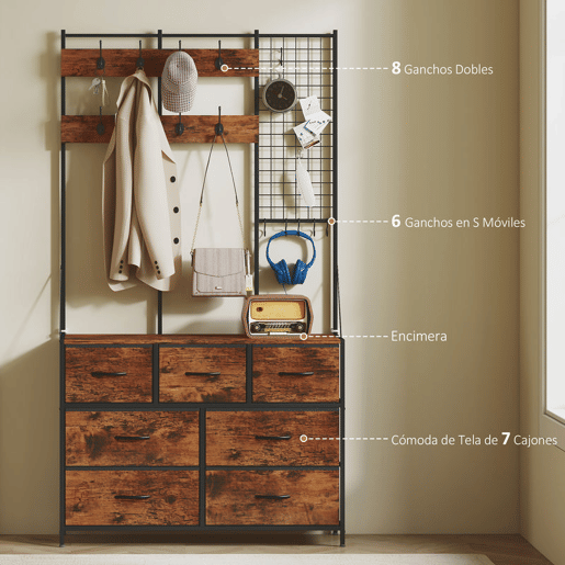 HOMCOM Suporte para Cabides Entrada Móvel de Arrumação com Sapateira 14 Ganchos 7 Gavetas de Tecido e Prateleira Estilo Industrial para Corredor Quarto Sala 100x30x183 cm Castanho Rústico